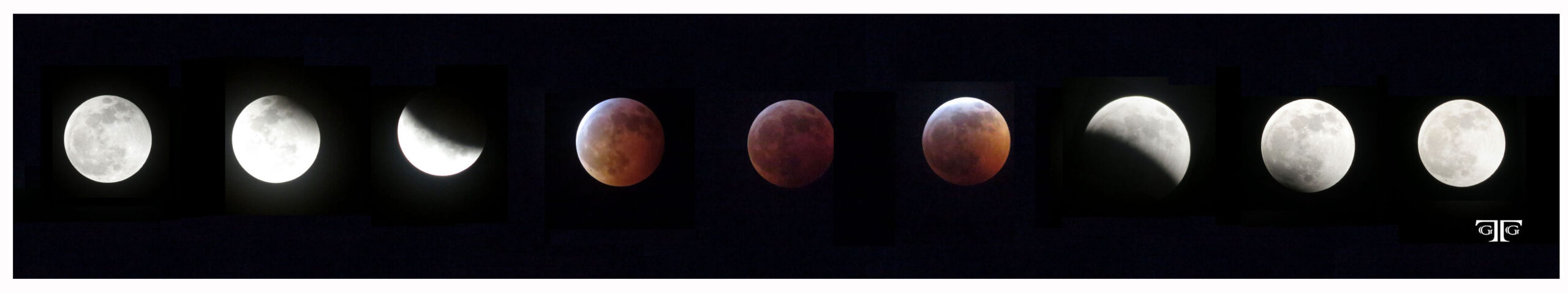 A series of three images showing the phases of a lunar eclipse.