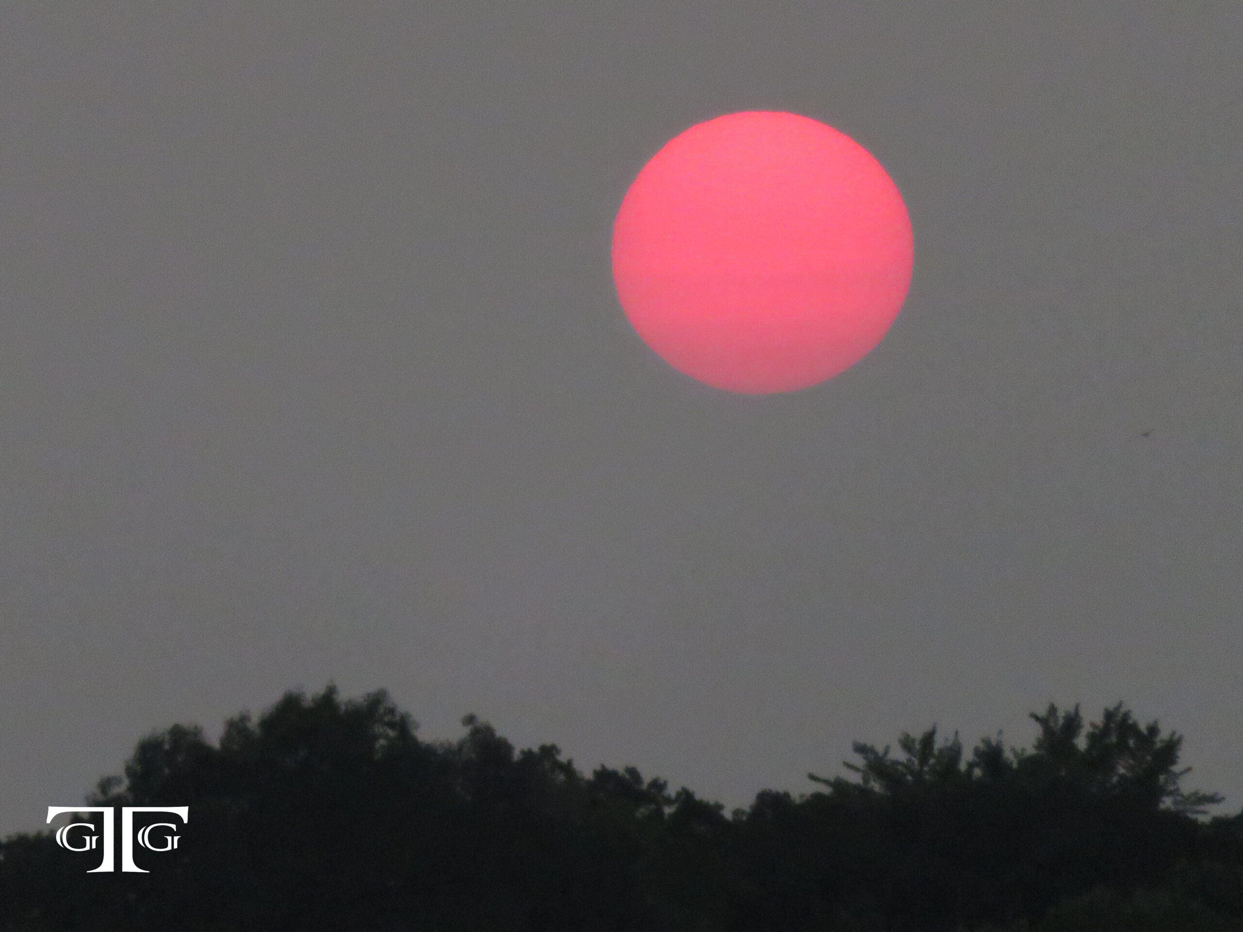 A red sun is setting in the sky.