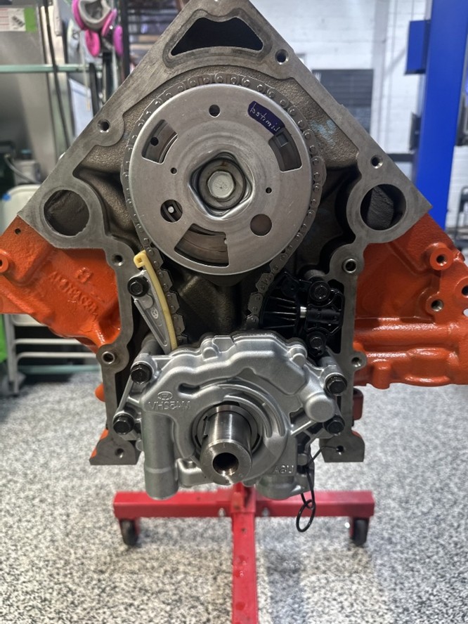 A close up of the engine on a stand